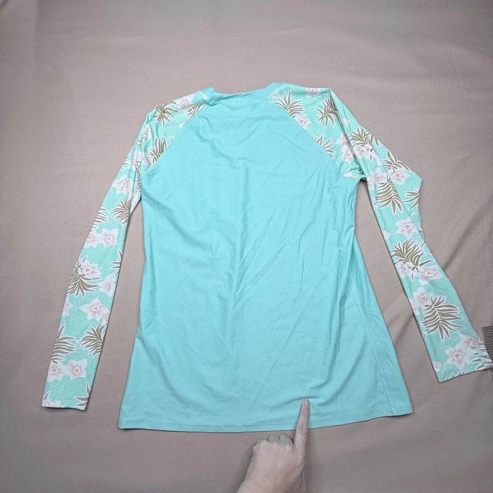 Body Glove Womens XL Rash Guard Aqua Blue Floral Long Sleeve 50 UPF Swim Top